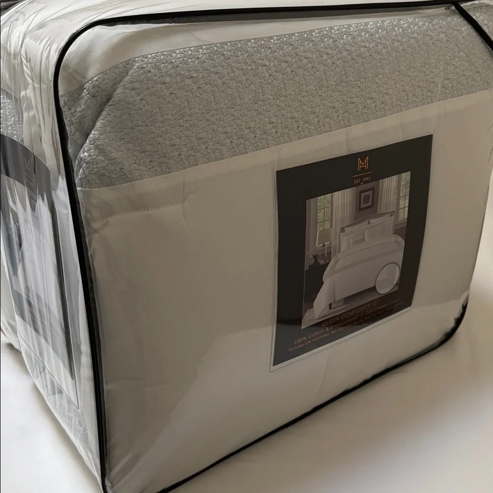 NEW! COMFORTER SET 100% COTTON MANOR HOTEL WHITE FROSTED BLUE SKY QUEEN 5 PIECES